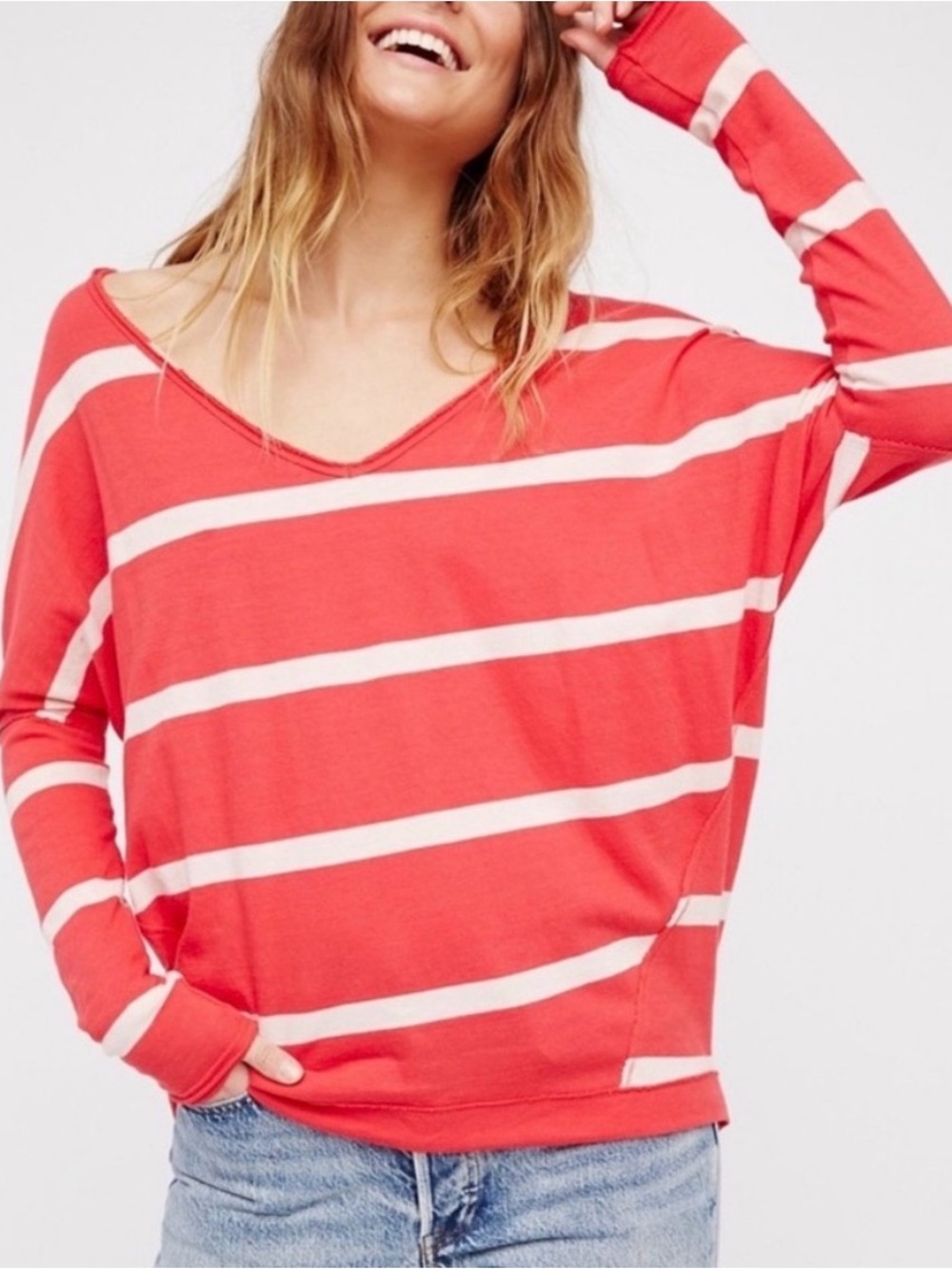 We The Free Upstate Striped Long-Sleeve Tee Relaxed Dolman Fit V-Neck